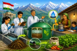 Ilmuwan Tajikistan sukses mengubah limbah menjadi biogas, energi bersih, dan pupuk organik berkelanjutan bagi masyarakat pedesaan. (Ilustrasi: ChatGPT).